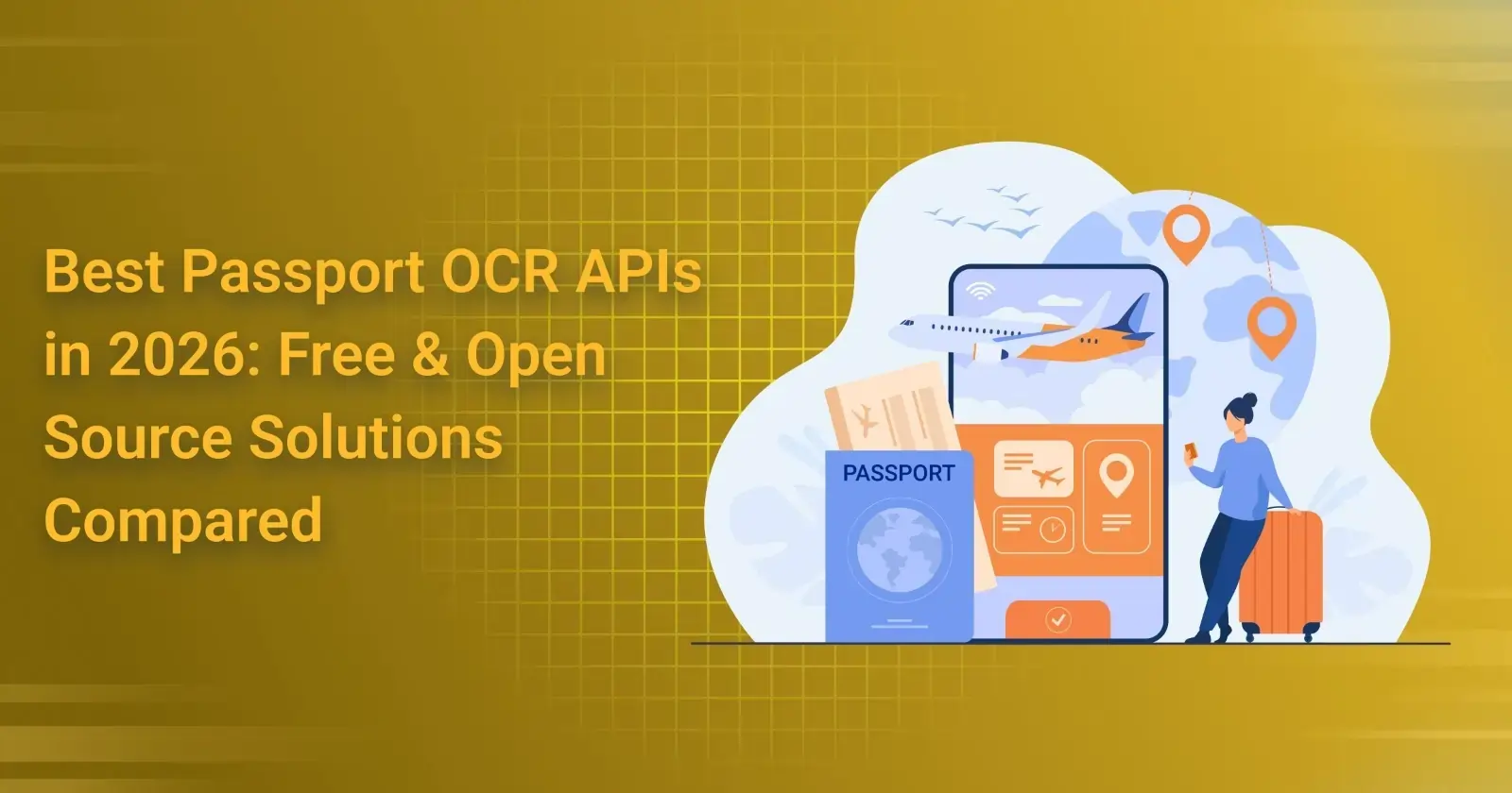 Illustration of a digital passport, travel app, and traveler with luggage, symbolizing passport OCR technology for travel.